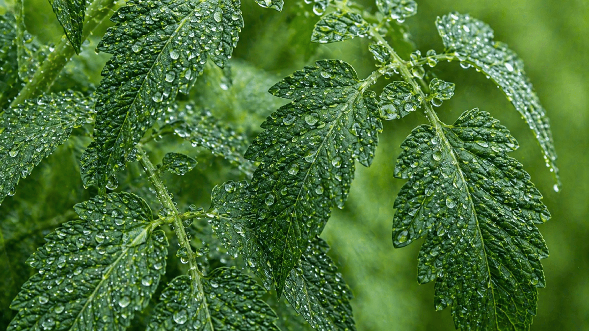 Condensation on greenhouse plastic beside tomato rows