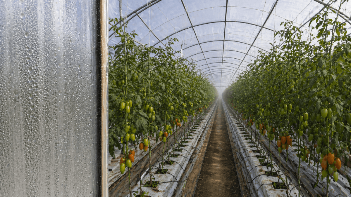 Humid greenhouse tomato rows