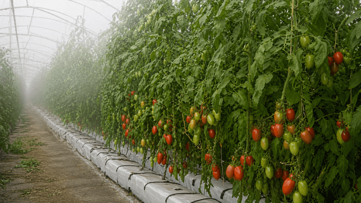 Tomato leaves covered with water droplets