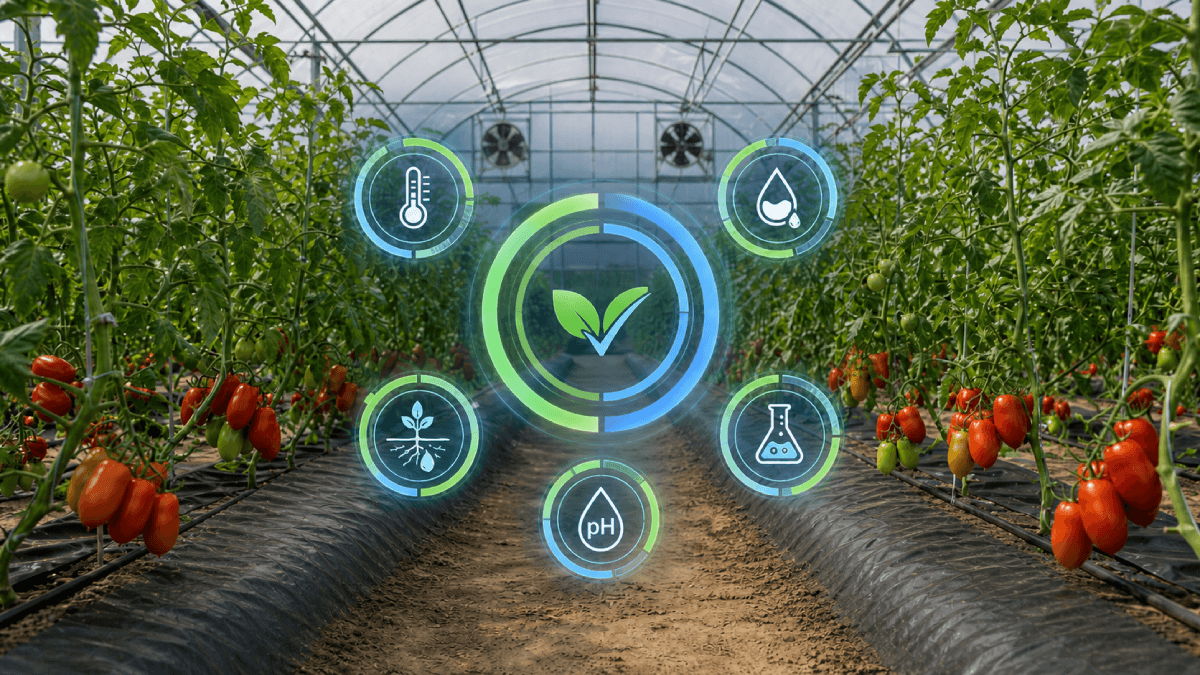 Bright hot greenhouse tomato rows