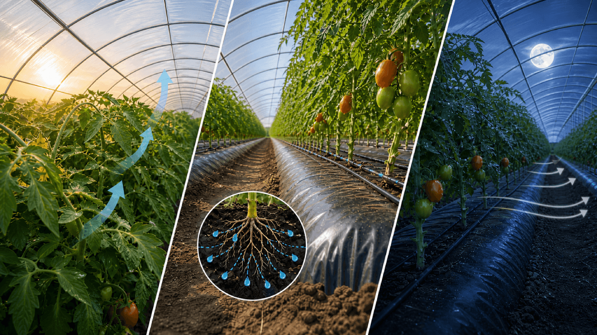 Greenhouse tomato rows with app alert screen