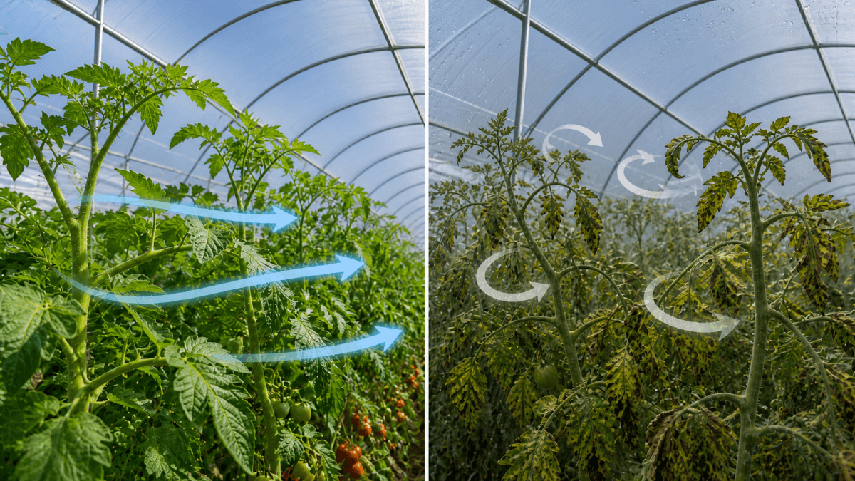 Humid greenhouse tomato rows