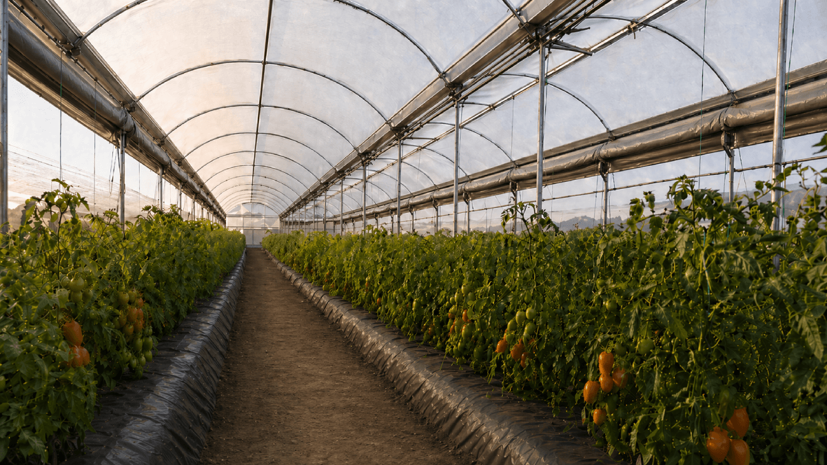 Humid greenhouse tomato rows
