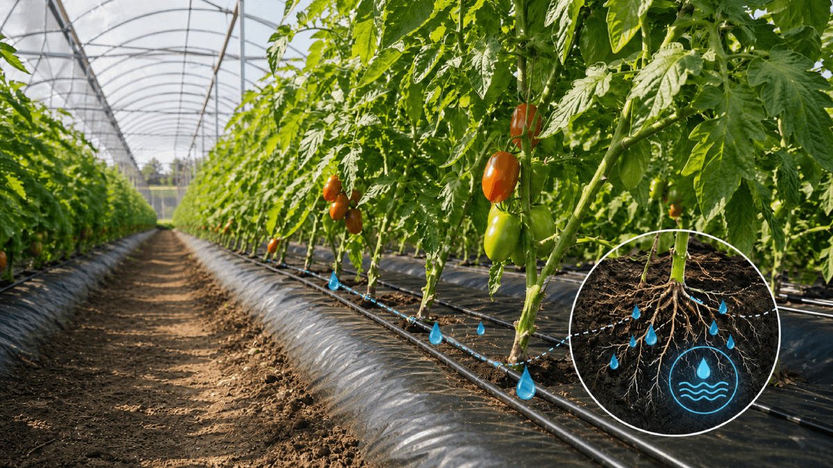Greenhouse tomato rows with irrigation lines