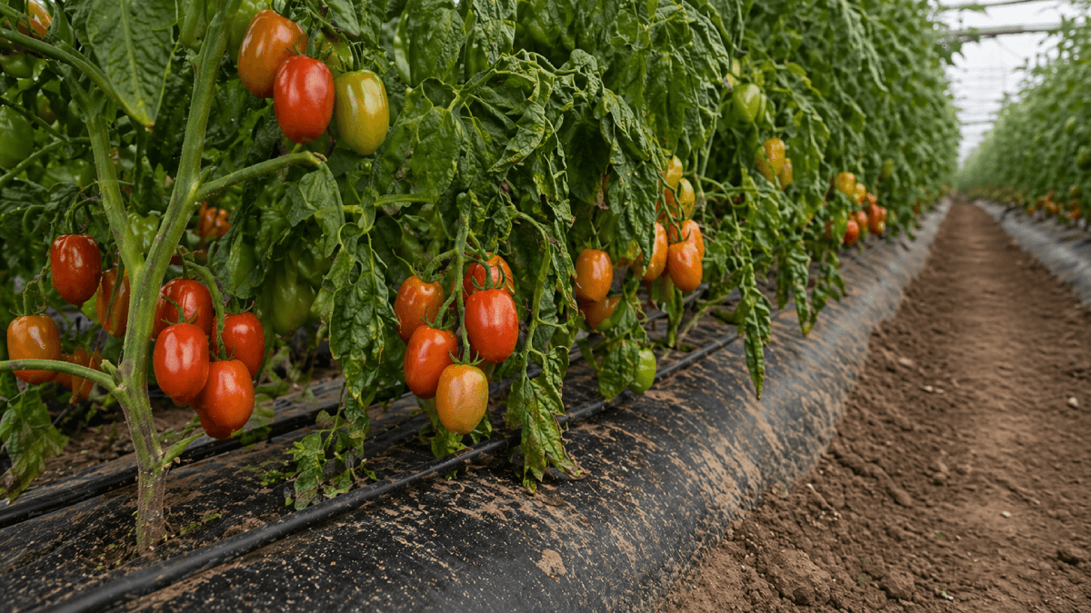 Dry stressed tomato plants in greenhouse rows