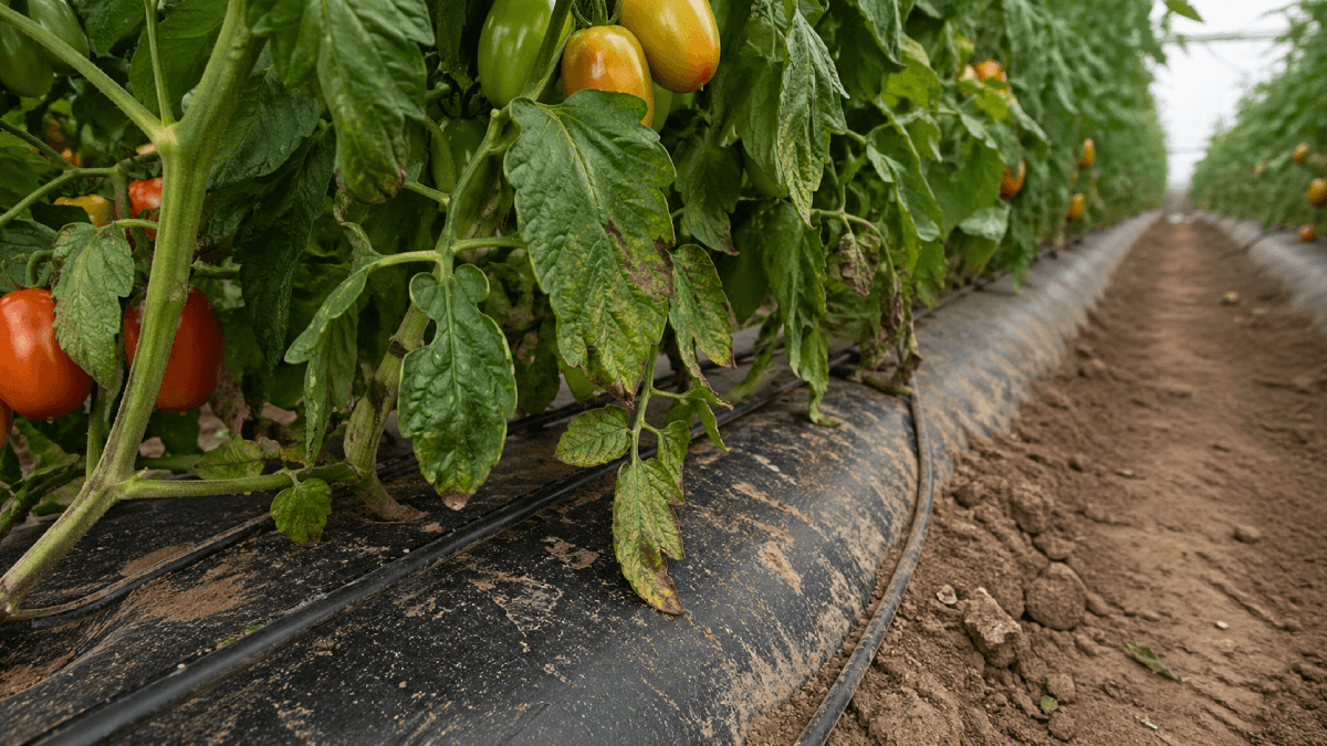 Condensation on greenhouse plastic beside tomato rows