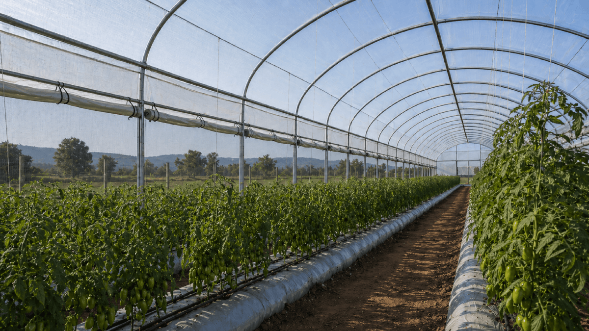 Humid greenhouse tomato rows