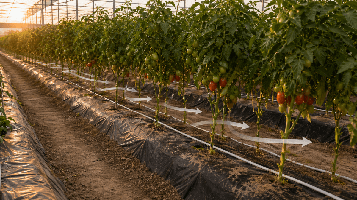 Humid greenhouse tomato rows